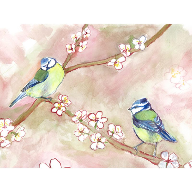 SG1549 birds bluetits blue green pink tree blossom branch watercolour painting animal