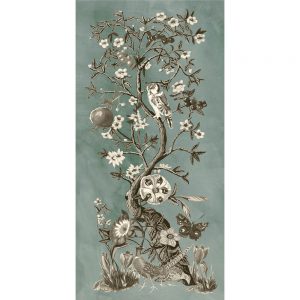SG1571 chinoiserie patina I blue duck egg flowers floral flora owl birds berries butterflies pheasant butterly leaf leaves pomegranate fruit seeds botanical