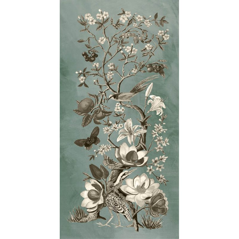 SG1572 chinoiserie patina II blue duck egg flowers floral flora owl birds berries butterflies pheasant butterly leaf leaves pomegranate fruit seeds botanical