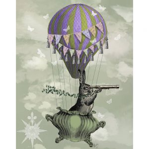 SG1623 bunny rabbit hare telescope hot air balloon bunting crockery butterflies green purple cloud ivy illustration