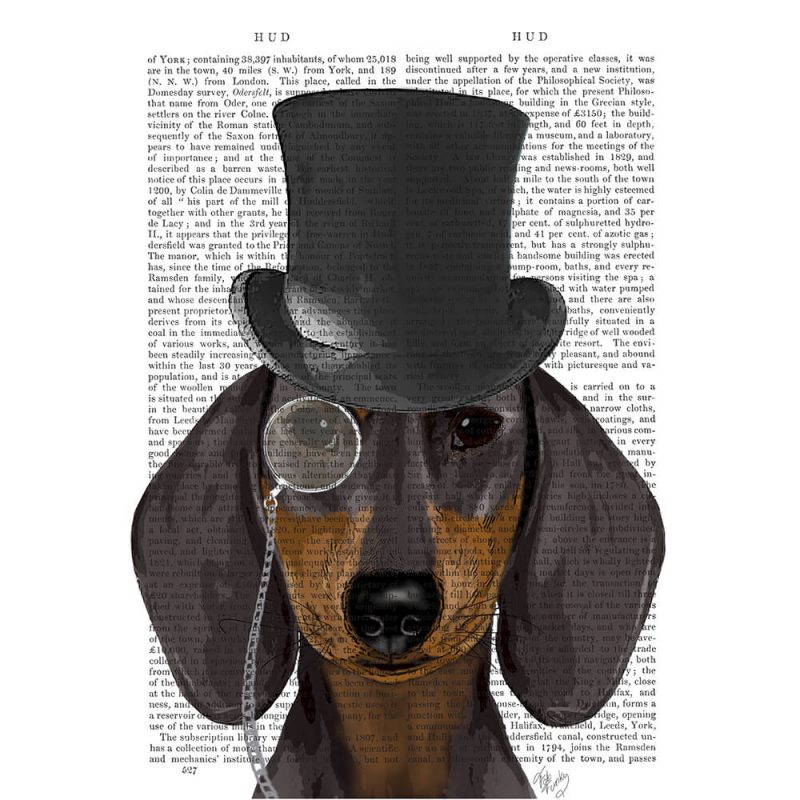 SG1633 dachshund formal hound dog top hat monocle watercolour novel type writing typography funny whimsical