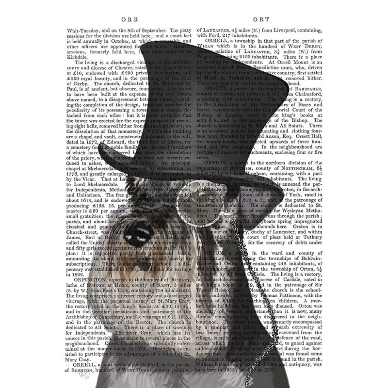 SG1634 schnauzer formal hound dog top hat monocle watercolour novel type writting typography quirky funny whimsical