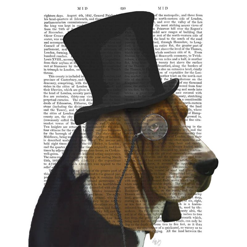 SG1638 basset hound formal hound hat schnauzer dog top hat monocle watercolour novel type writing typography funny whimsical