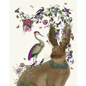 SG1654 hare rabbit bunny birds pink vines floral flowers green nature wild animal