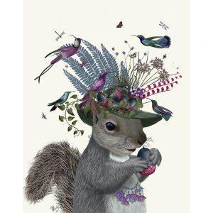 SG1655 birds pink vines floral flowers green nature wild animal squirrel purple blue hat quirky whimsical