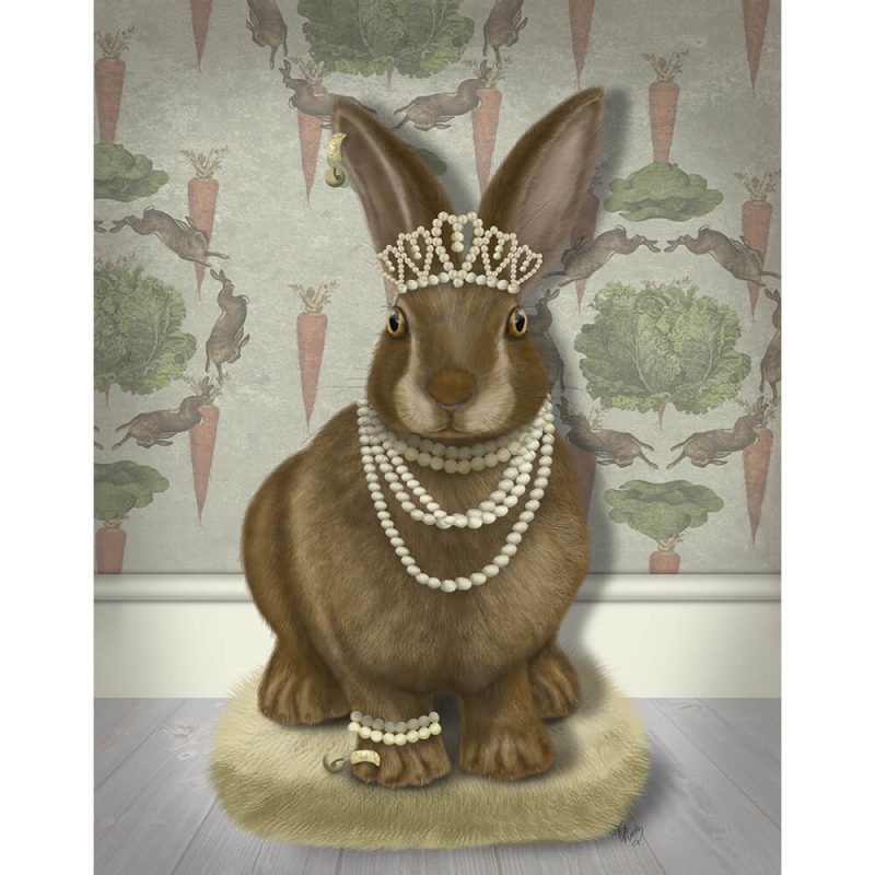SG1663 rabbit bunny hare tiara jewels pearls jewellery feminine nature wild forest lady painting illustration quirky whimsical