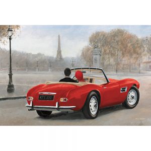 SG1712 ride in paris red car vintage convertable france couple woman man romantic road street painting