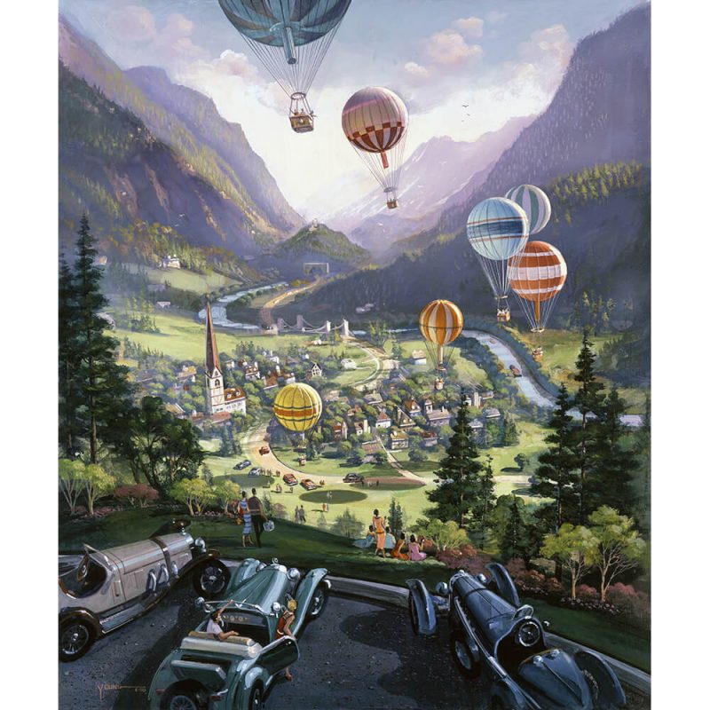 SG1729 hot air balloons town city landscape cars field people figures mountains river trees