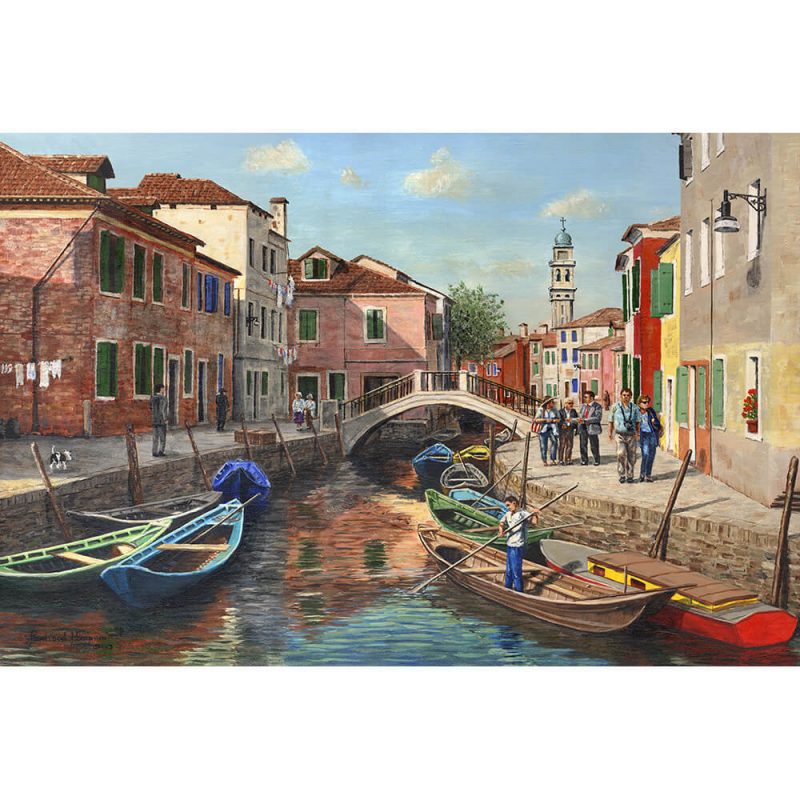 SG1734 burano canal venice italy boats water river bridge buildings sunny painting landscape city
