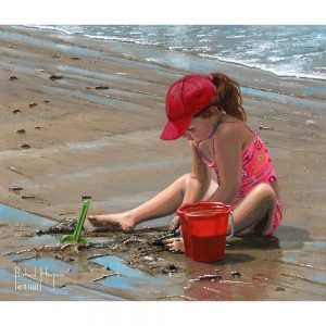 SG1739 red bucket child girl beach sand sandcastles waves sea ocean playing holiday