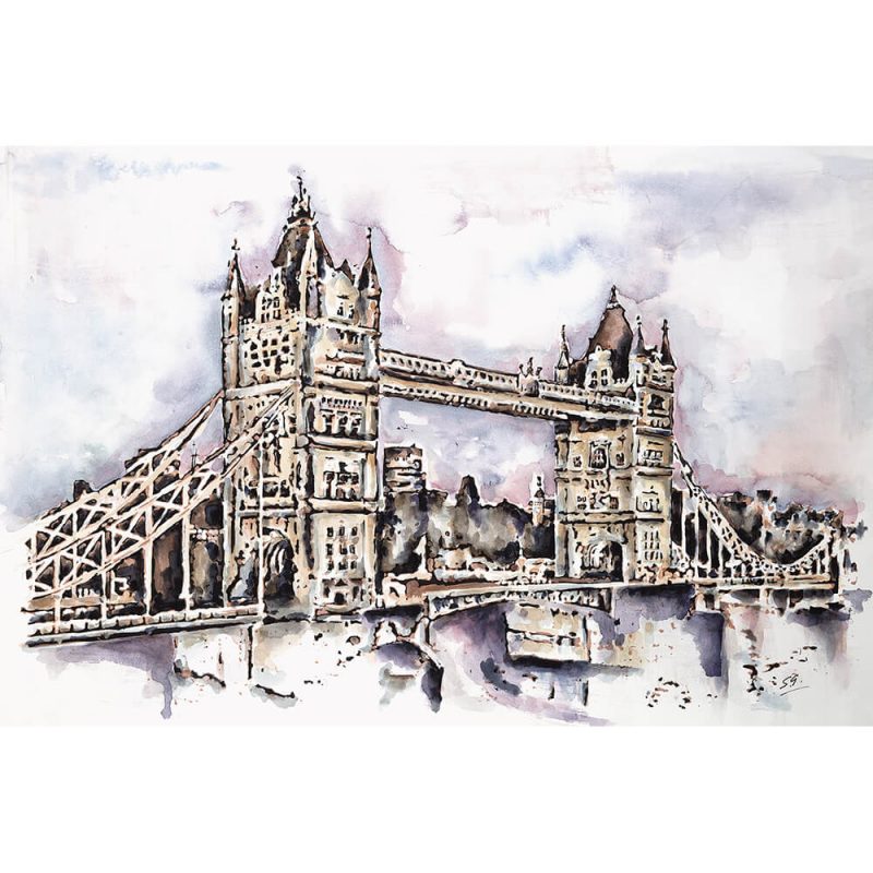 SG067A london bridge tower illustration ink watercolour paint painting