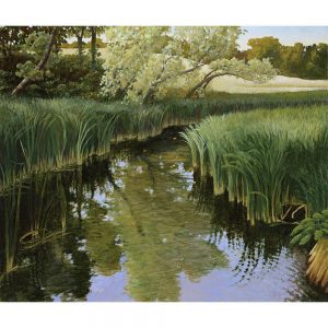 SG1865 river reeds water trees field nature landscape reflection painting