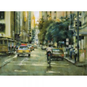SG1873 taxi yellow cars traffic bike people figures trees lights buildings street town city painting