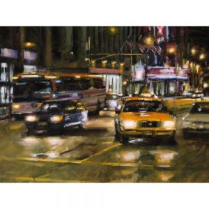 SG1875 taxi yellow traffic street road city town cars buses lights night paint painting