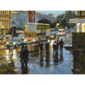 SG1877 people figures buses cars traffic town city lights dusk painting street