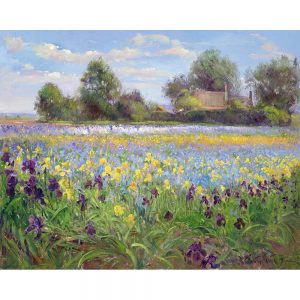 SG1886 cottage idyllic irises landscape painting rural watercolour floral flowers field farm