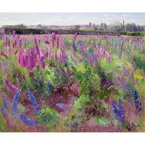 SG1888 idyllic landsape painting rural summer watercolour delphinium field pink blue purple flowers