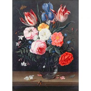 SG1892 bright butterflies fly inscects iris tulips roses pink red blue yellow vase still life painting