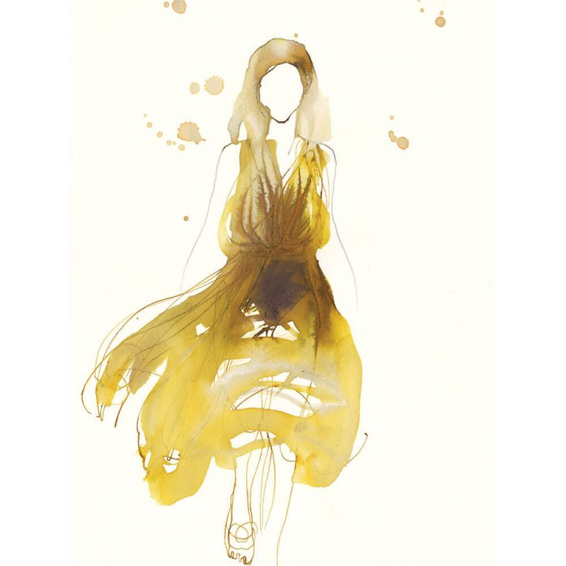 SG1907 woman female watercolour figureative lines paint painting fashion illustration paint splash yelow gold
