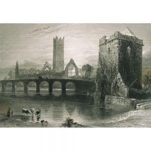 SG1926 arch architecture bridge gothic monastery river ruin tower irish ireland clare abby county clare