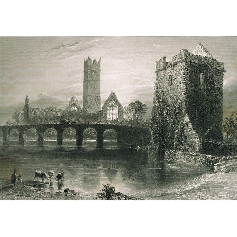 SG1926 arch architecture bridge gothic monastery river ruin tower irish ireland clare abby county clare