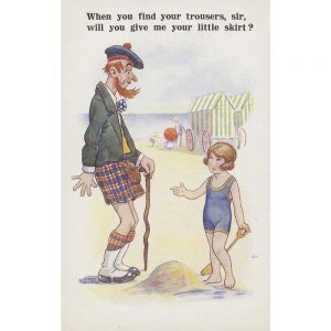 SG1943 beach huts postcard beaches illustration child tartan scotsman seaside costumes humour