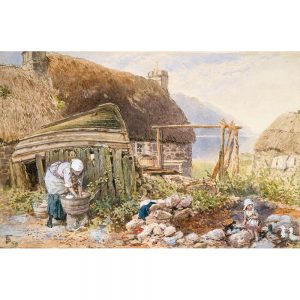 SG1946 boat child cleaning clothes cottage countryside domestic chores girl mundane scottish landscape watercolour