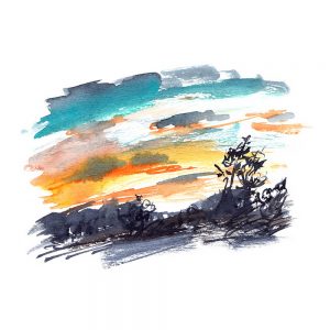 SG2143 abstract art sea sunset landscape sky trees watercolour