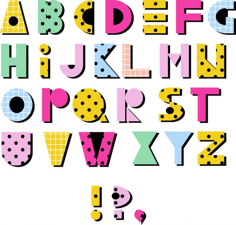 SG2186 hand drawn alphabet geometric funny checkered font dots colourful letters retro