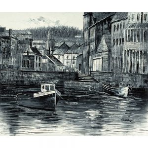 SG295 ink drawing sketch boats harbour sea water town village