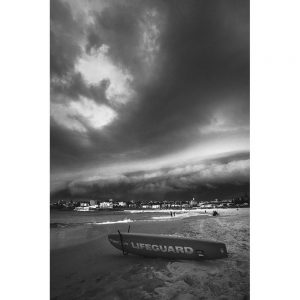 TM2356 surfboard beach sea stormy sky mono