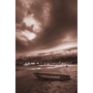 TM2358 surfboard beach sea stormy sky brown