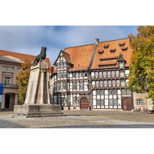 SG2886 lion statue timbered building burgplatz square braunschweig germany