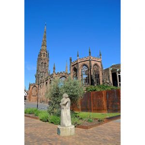 SG3158 ruins coventry cathedral arches windows spire statue england