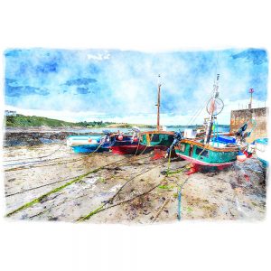 SG3520 watercolour painting fishing boats beach cornwall coast